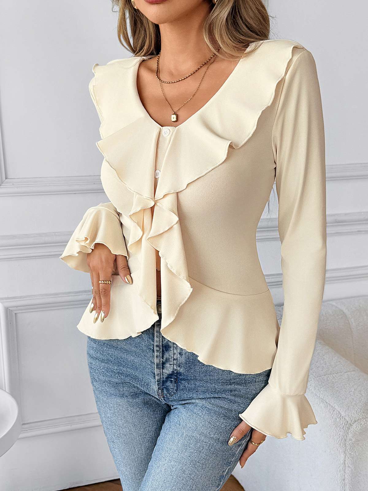 Beige 1950er Solide Rüschen Revers Kragen Top - Image 2