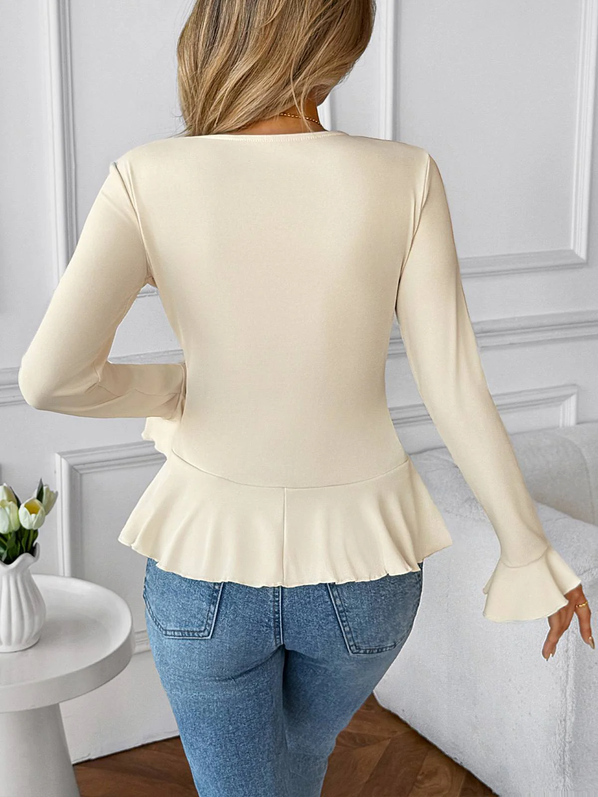 Beige 1950er Solide Rüschen Revers Kragen Top - Image 3