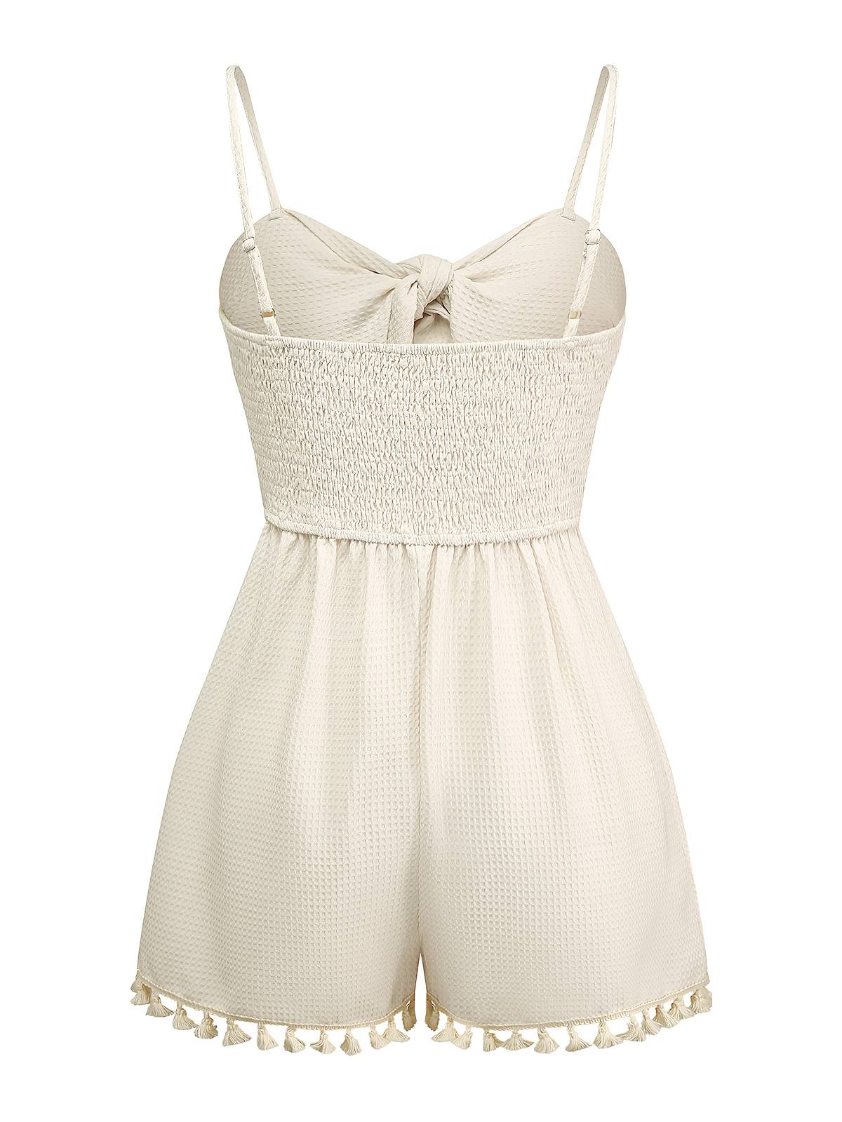 Beige 1950er Solide Spaghetti Träger Gesmokt Romper - Image 2