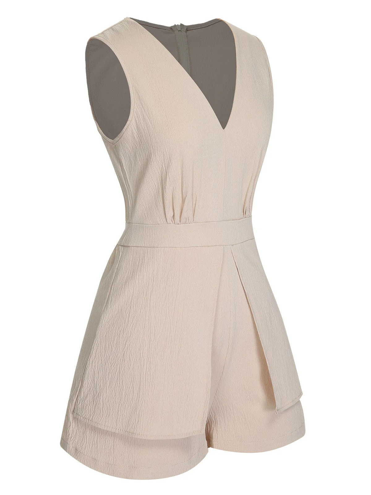 Beige 1950er Solide V-Ausschnitt Ärmelloser Romper - Image 3