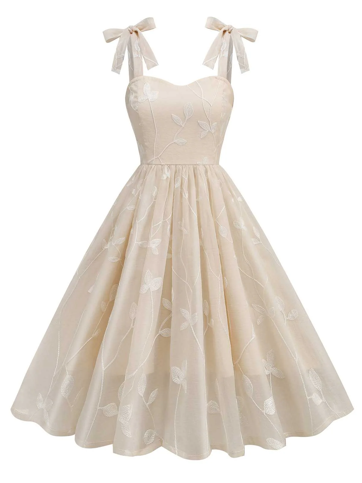 Beige 1950er Spaghetti Träger Bogen Blätter Masche Kleid