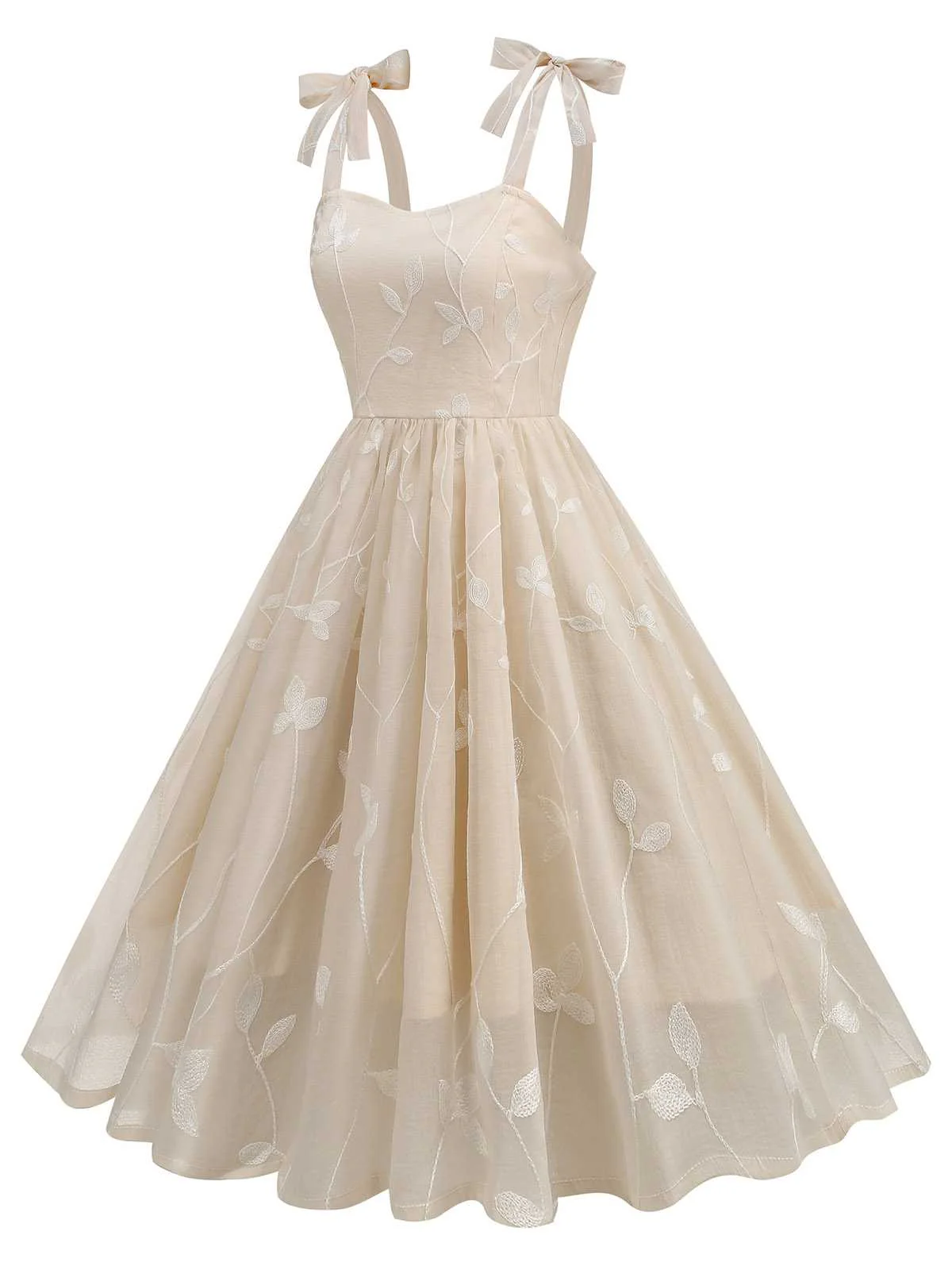 Beige 1950er Spaghetti Träger Bogen Blätter Masche Kleid - Image 2