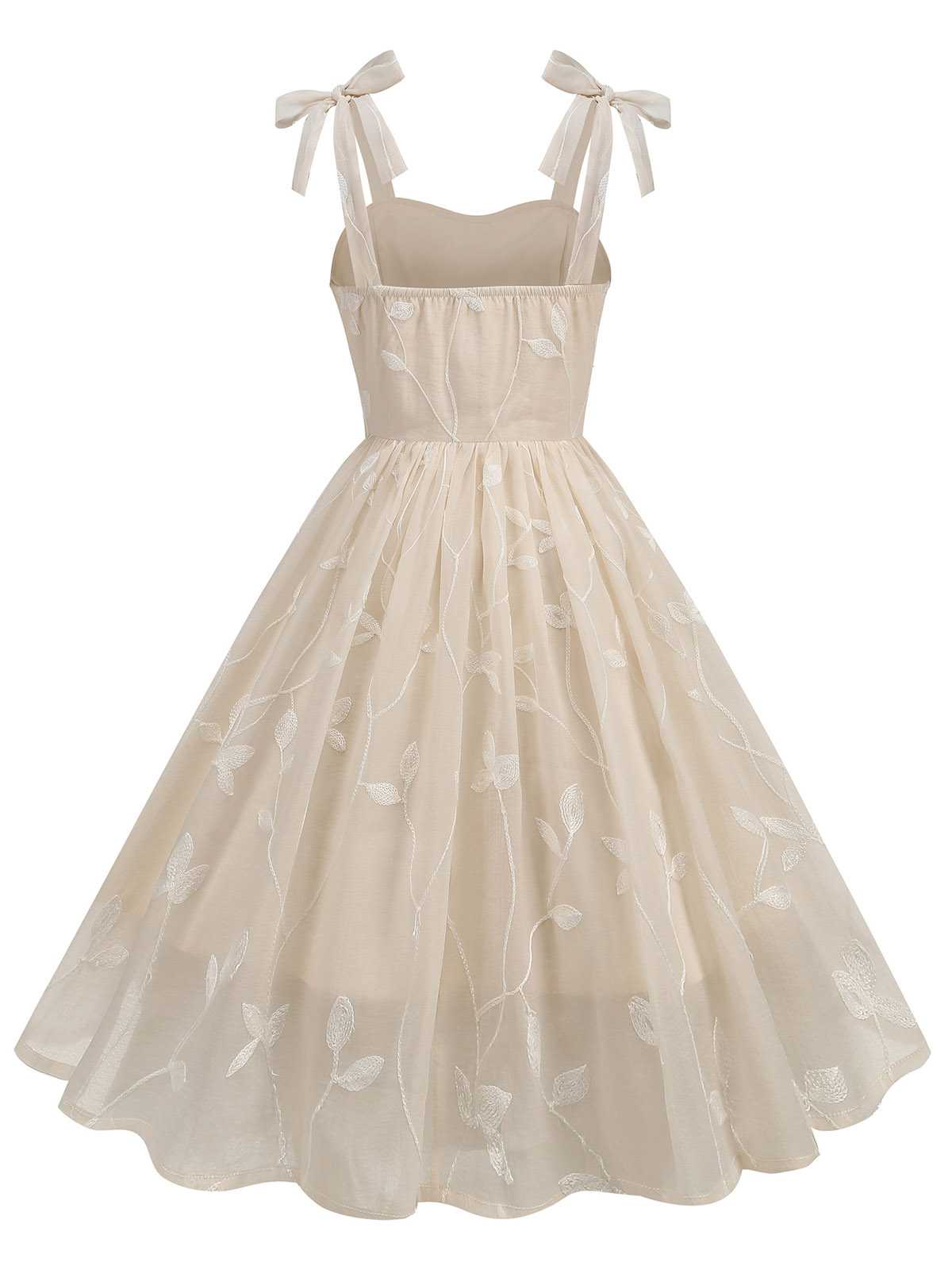 Beige 1950er Spaghetti Träger Bogen Blätter Masche Kleid - Image 3