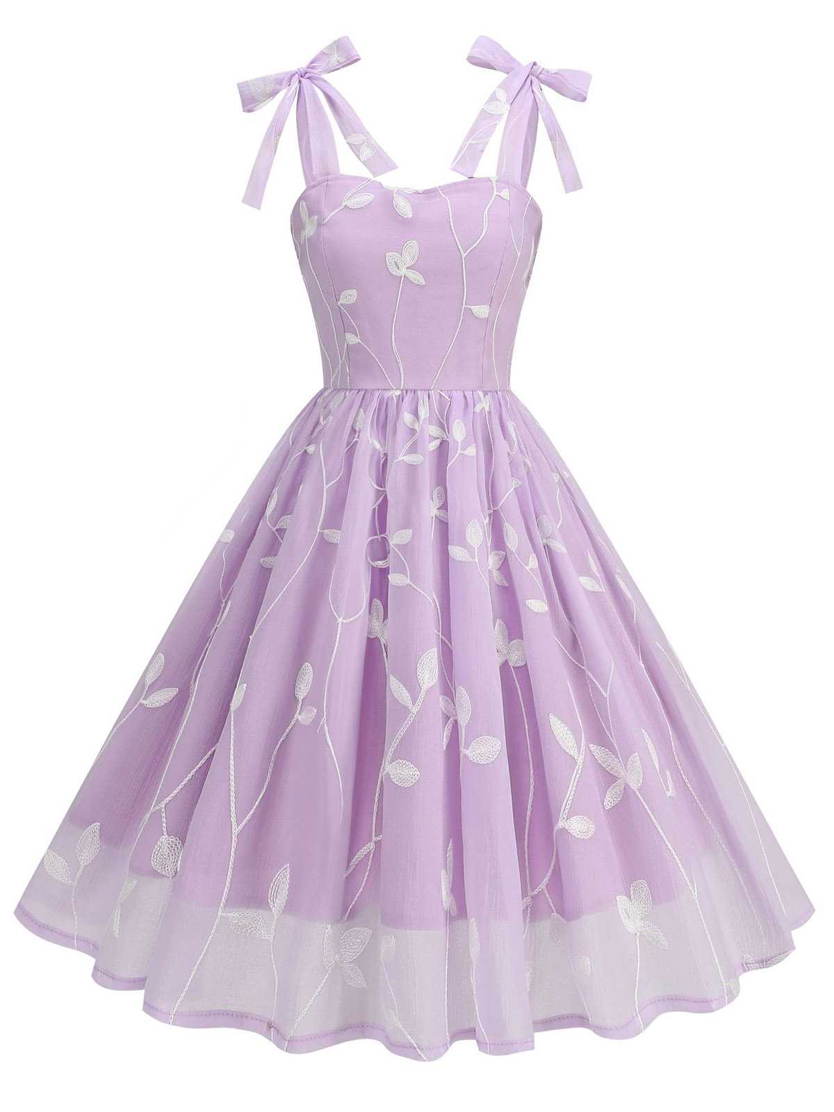 Beige 1950er Spaghetti Träger Bogen Blätter Masche Kleid - Image 5