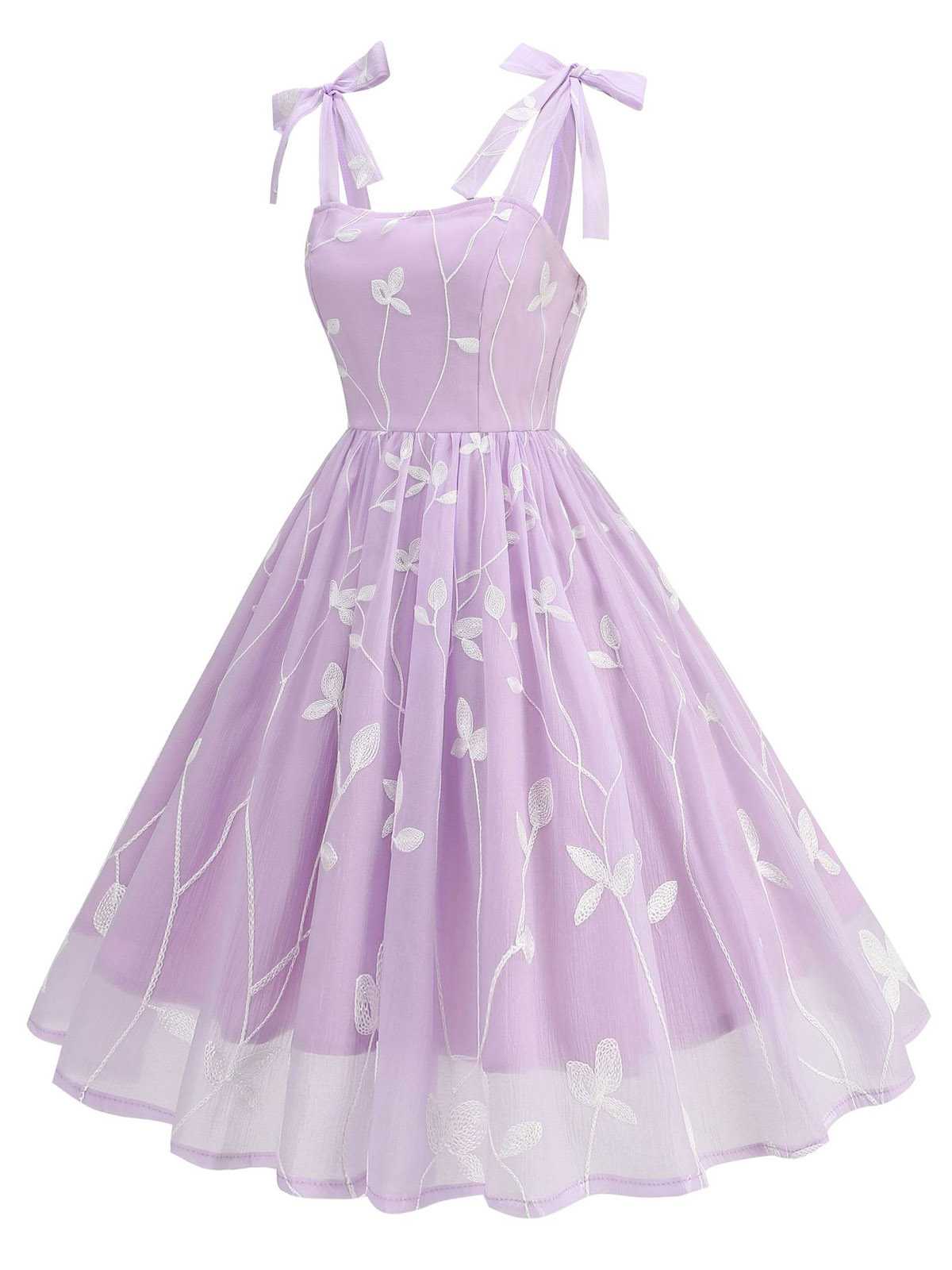 Beige 1950er Spaghetti Träger Bogen Blätter Masche Kleid - Image 6