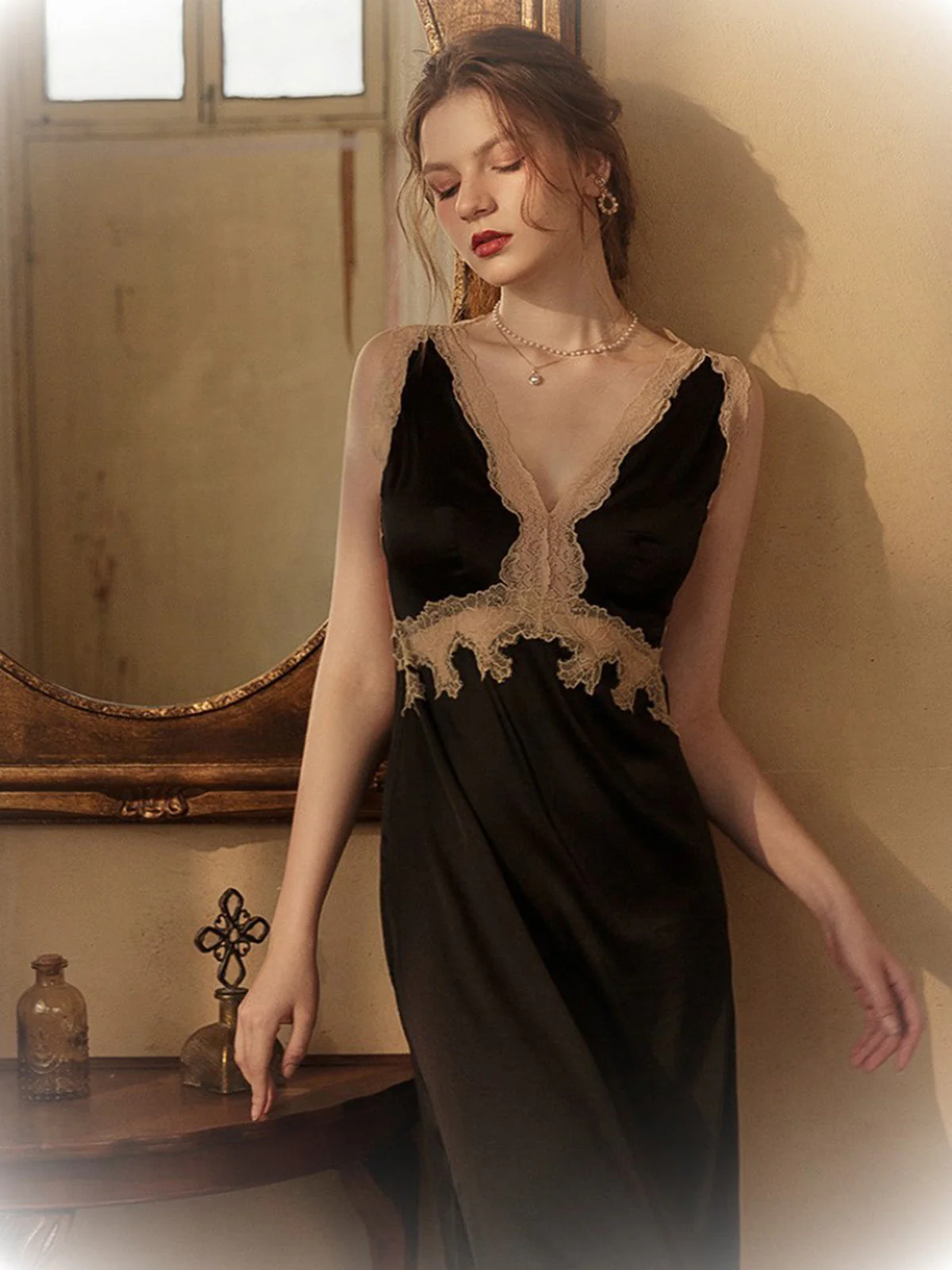 Beige 1950er Spitze Rückenfrei V-Ausschnitt Satin Nachtwäsche - Image 9