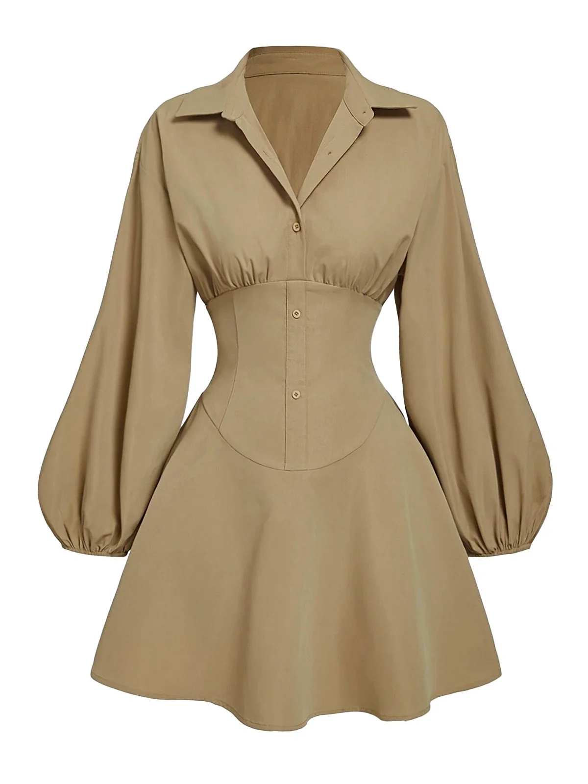 Beige 1960er Puffärmel Elastisch Geschnürt Taille Kleid - Image 2