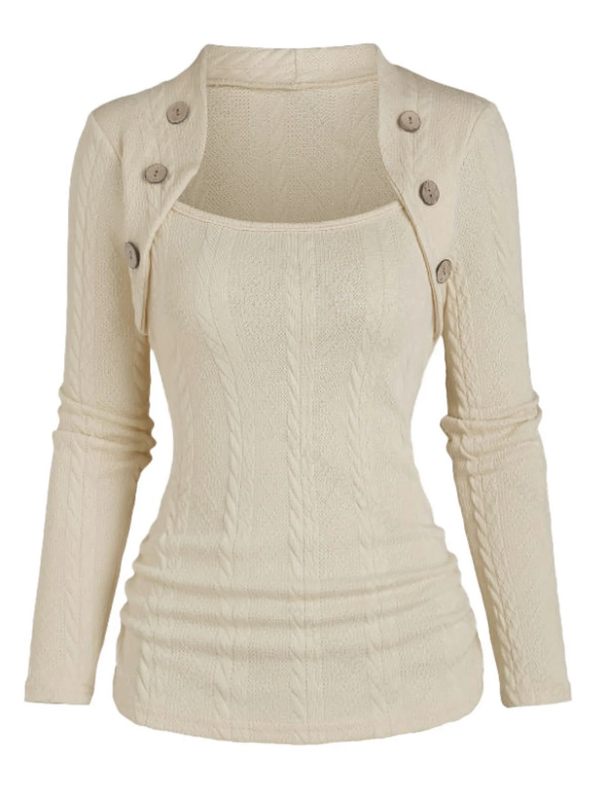 Beige 1960er Solide Kunst Knopf Stricken Pullover
