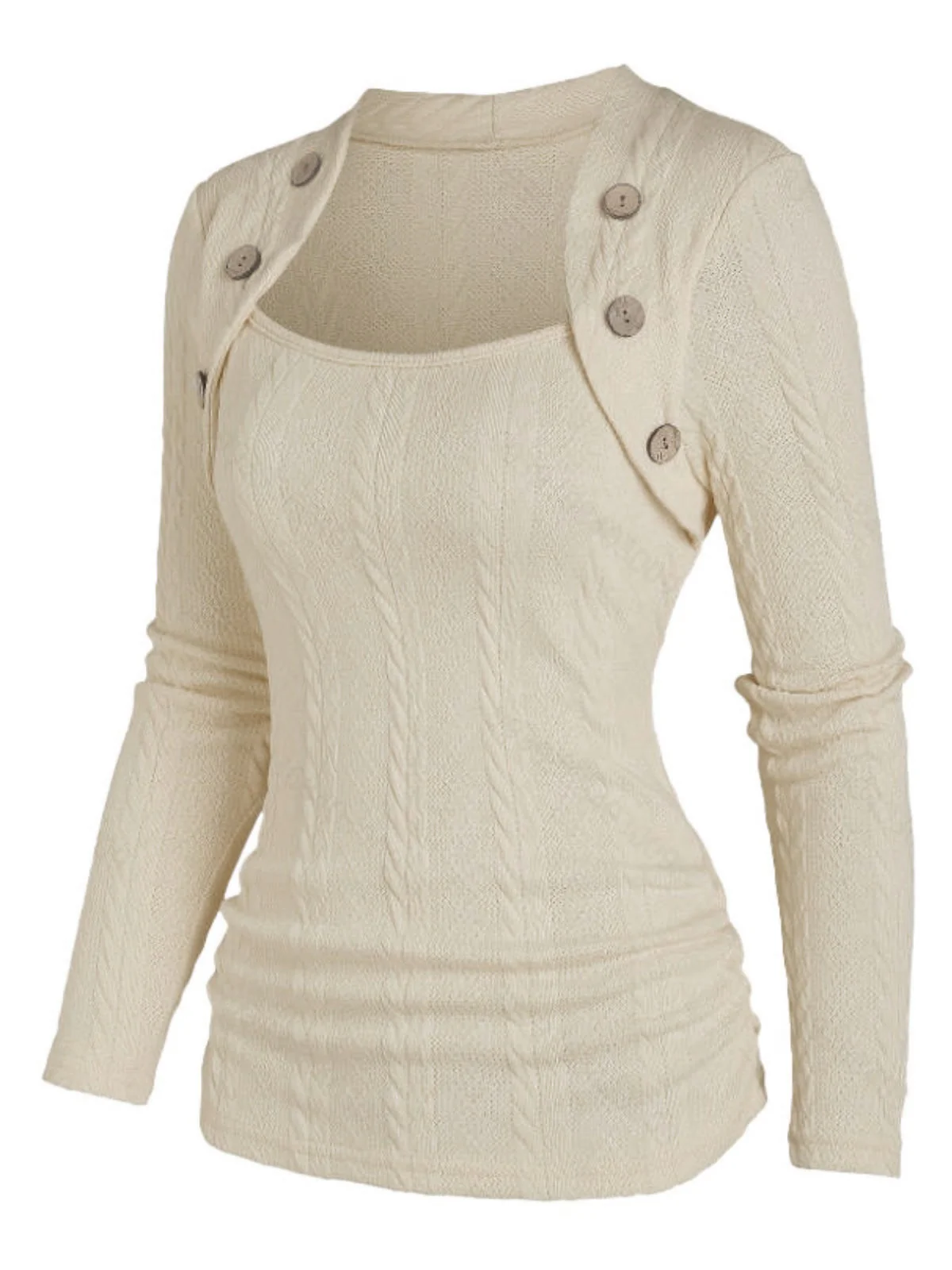 Beige 1960er Solide Kunst Knopf Stricken Pullover - Image 2