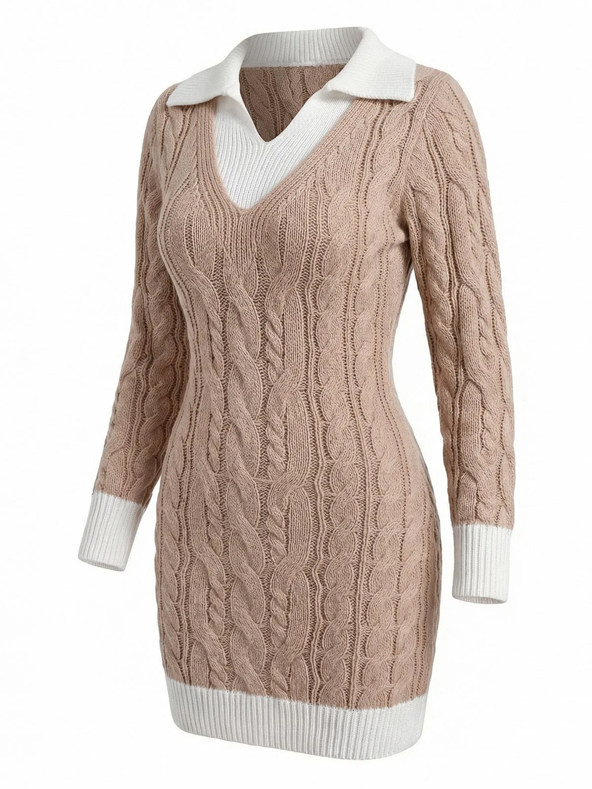 Beige 1960er Zopfmuster V-Ausschnitt Gestrickt Pullover Enges Kleid - Image 2
