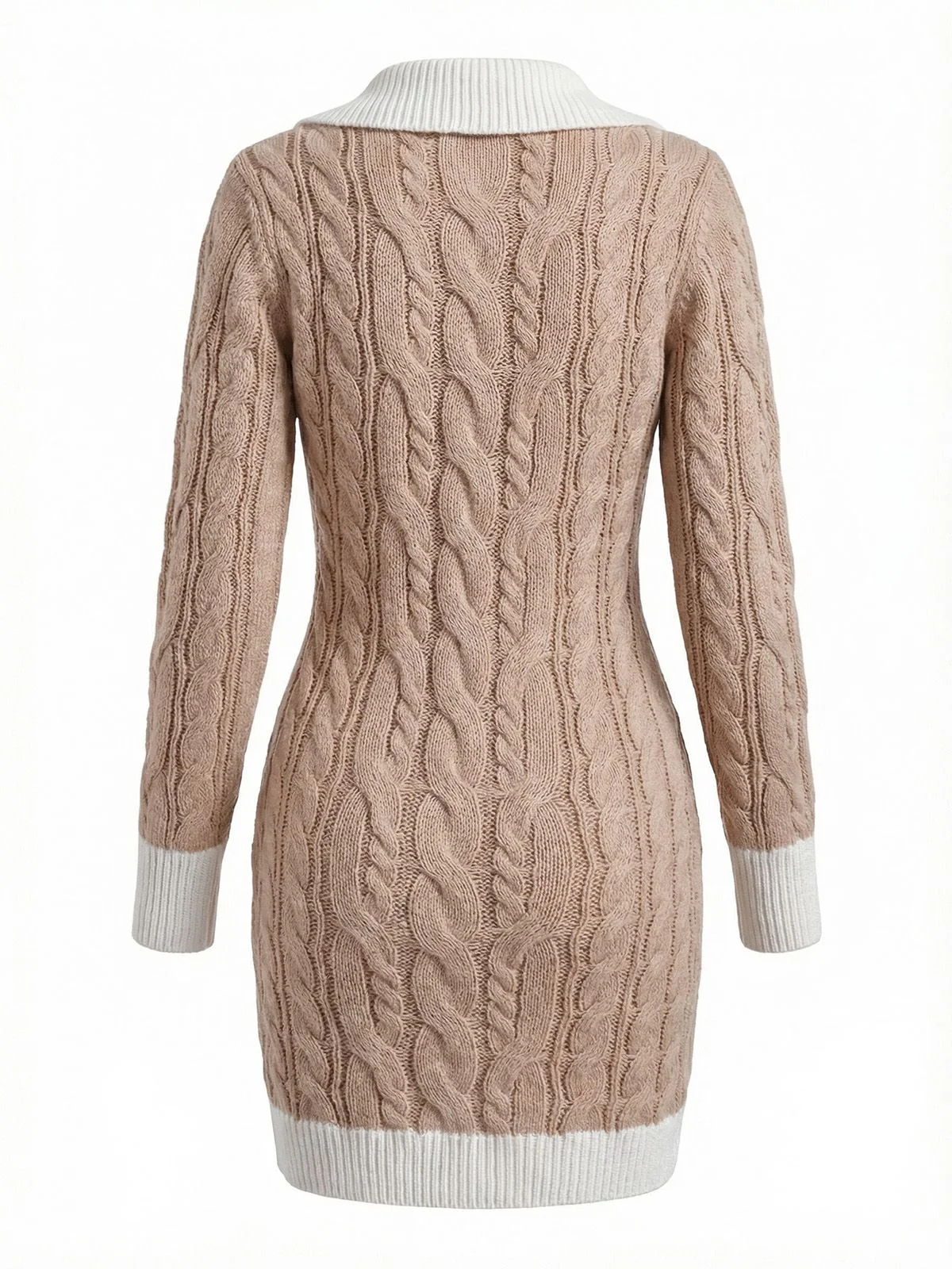 Beige 1960er Zopfmuster V-Ausschnitt Gestrickt Pullover Enges Kleid - Image 3