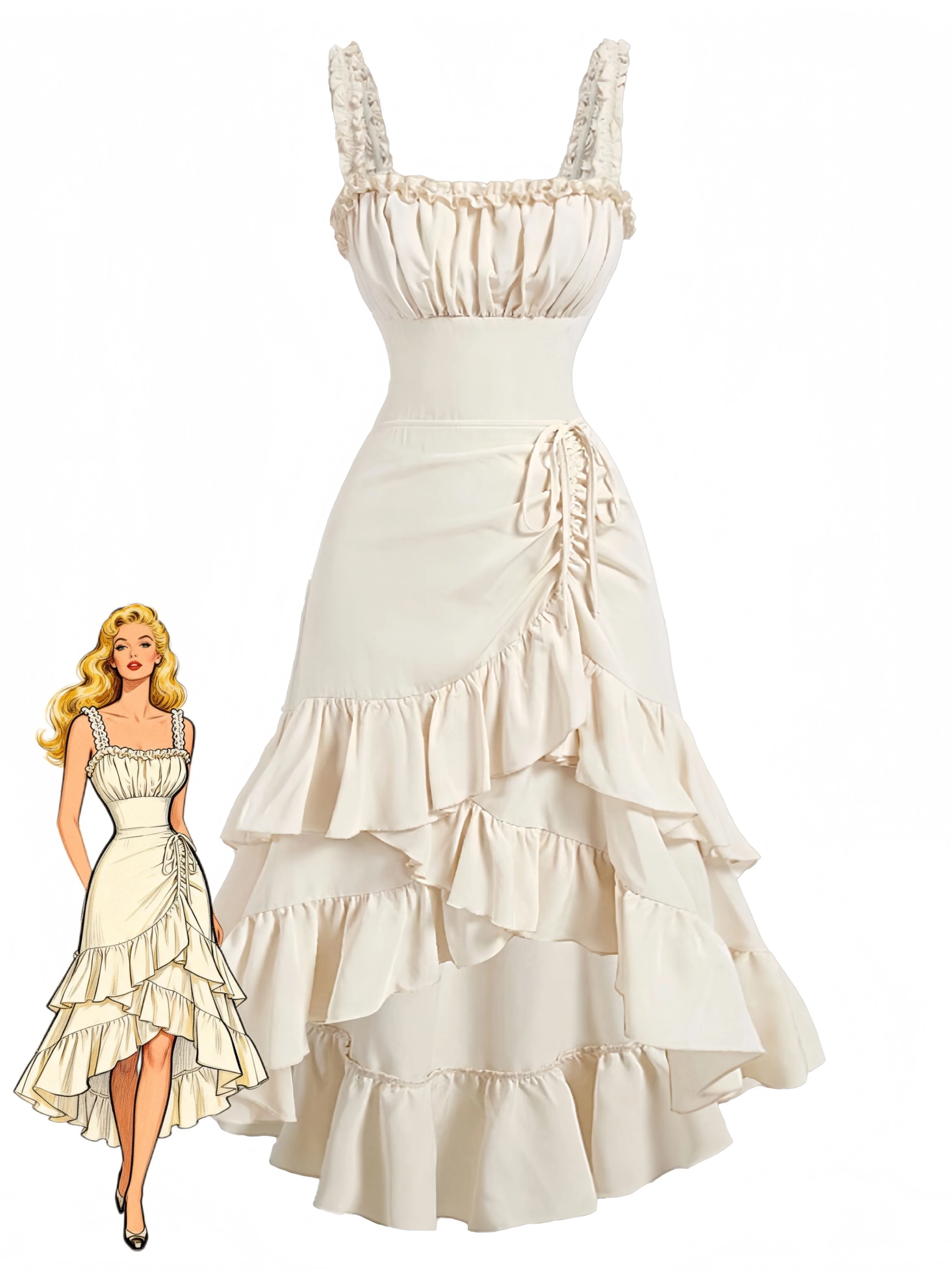 Beige 1980er Uni Rüschensaum Trägerkleid