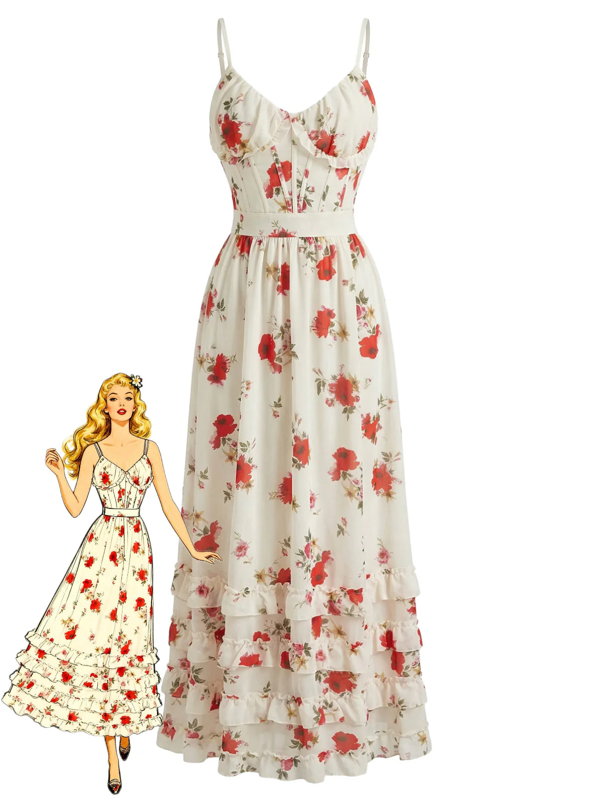 Beige 30er Maxikleid mit Rüschen und Blumen