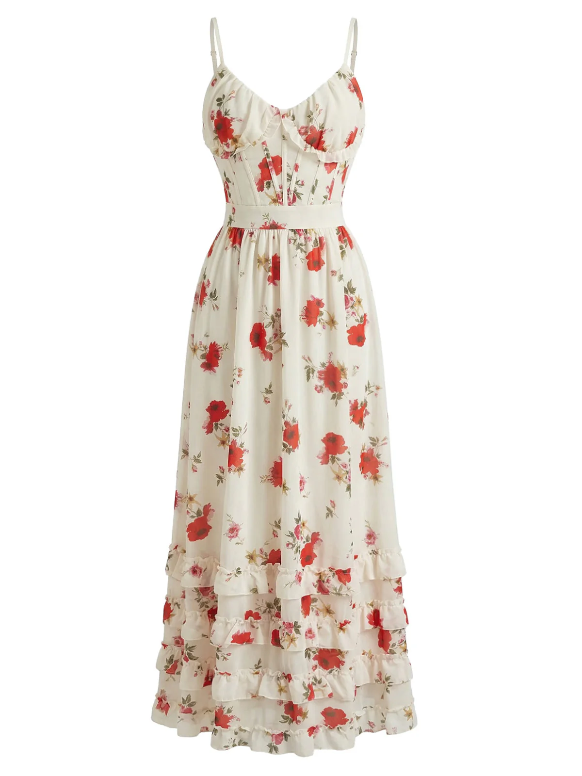 Beige 30er Maxikleid mit Rüschen und Blumen - Image 2