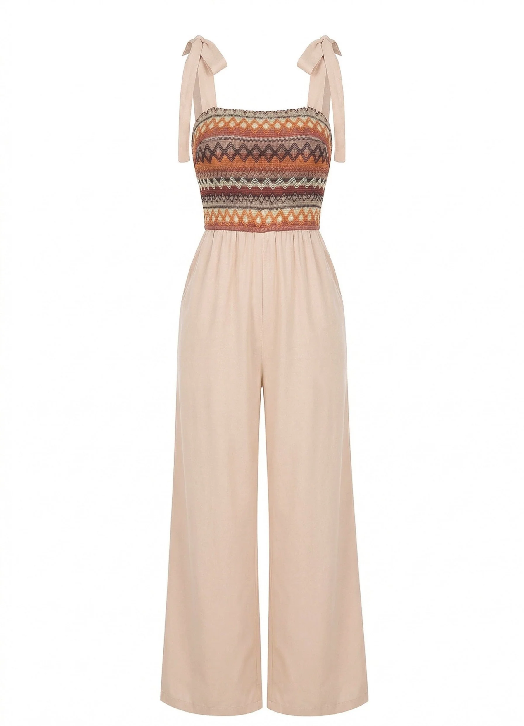 Beige 70er Boho Jumpsuit mit Bindeband und Spaghettiträgern - Image 2