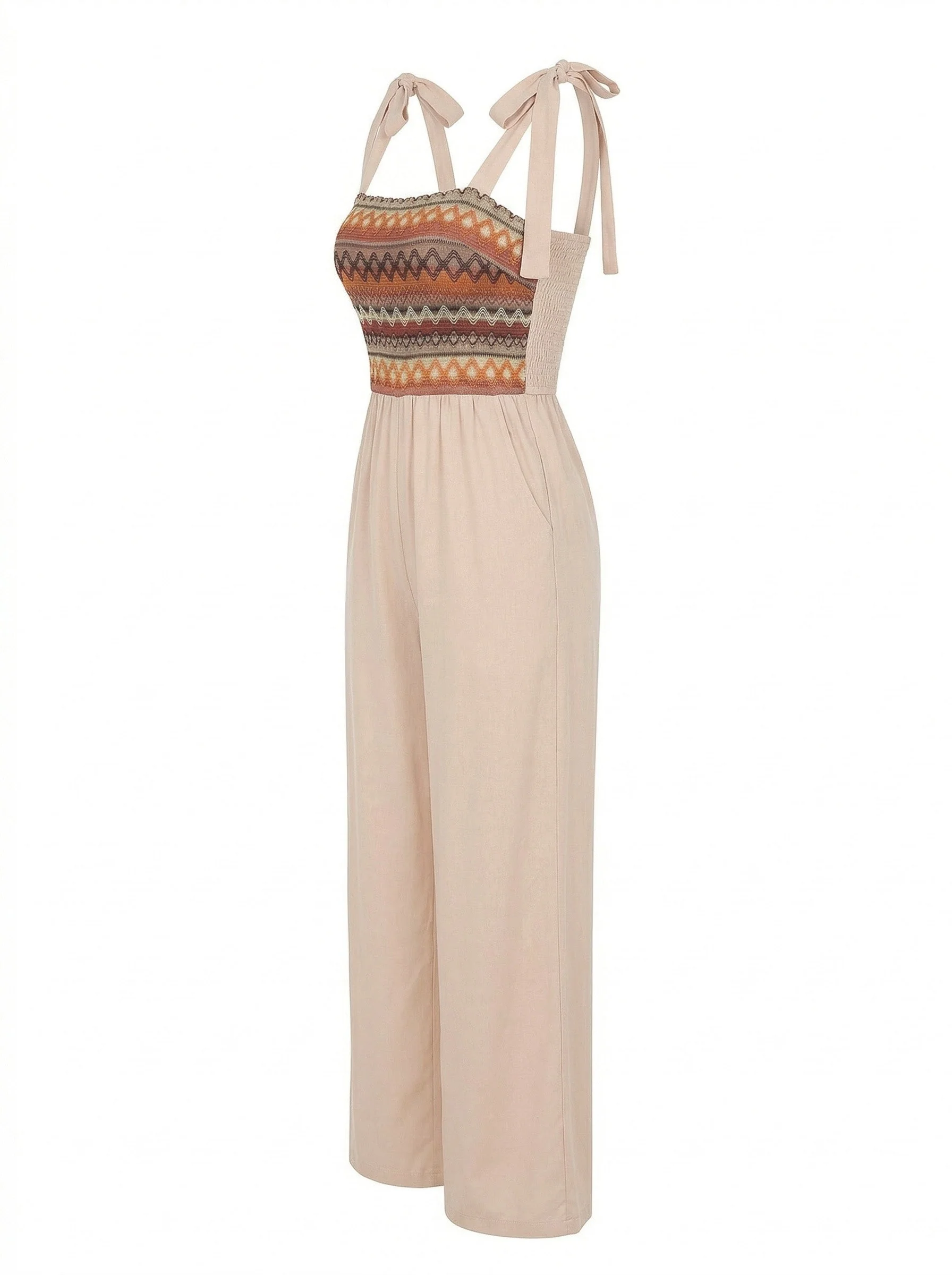 Beige 70er Boho Jumpsuit mit Bindeband und Spaghettiträgern - Image 3