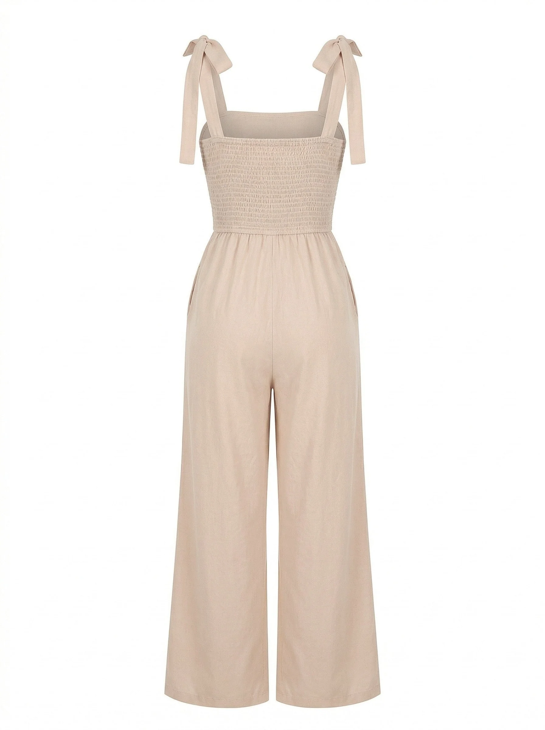 Beige 70er Boho Jumpsuit mit Bindeband und Spaghettiträgern - Image 4