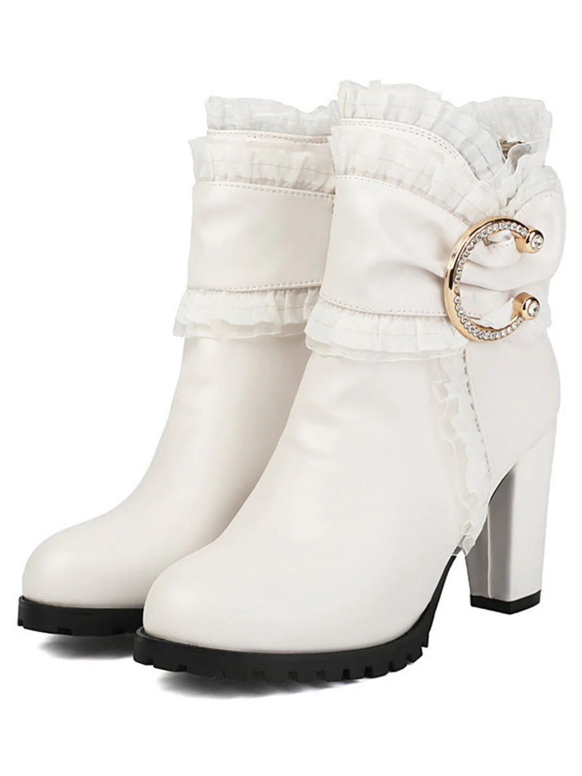 Beige PU Leder Spitze-Getrimmt Chunky Ferse Knöchel Stiefel - Image 10