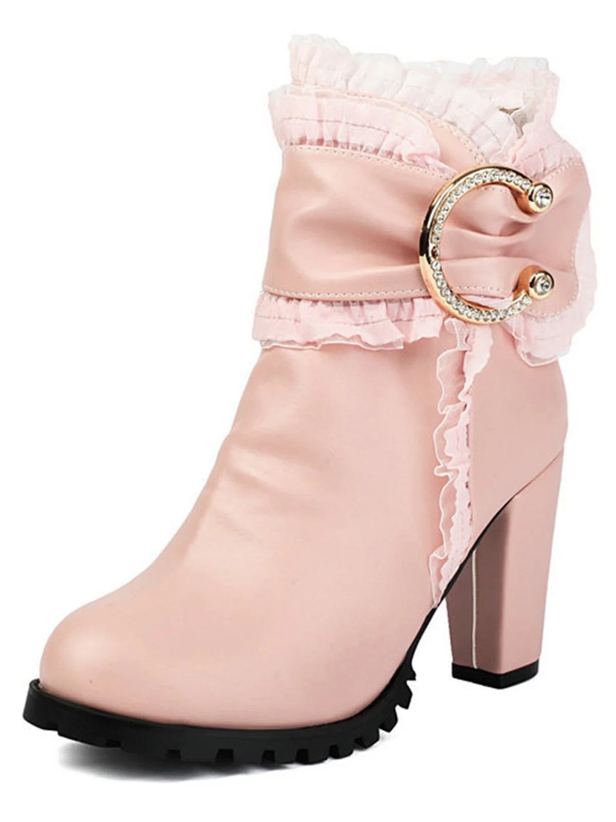 Beige PU Leder Spitze-Getrimmt Chunky Ferse Knöchel Stiefel - Image 11