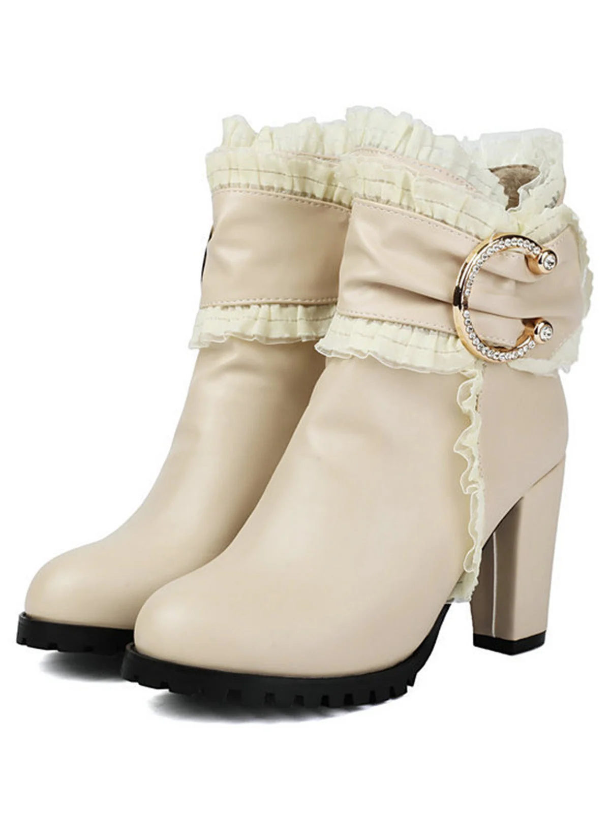 Beige PU Leder Spitze-Getrimmt Chunky Ferse Knöchel Stiefel - Image 2