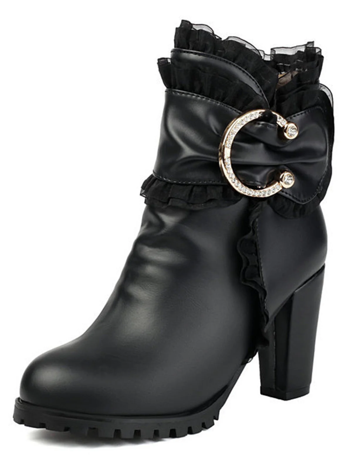 Beige PU Leder Spitze-Getrimmt Chunky Ferse Knöchel Stiefel - Image 3