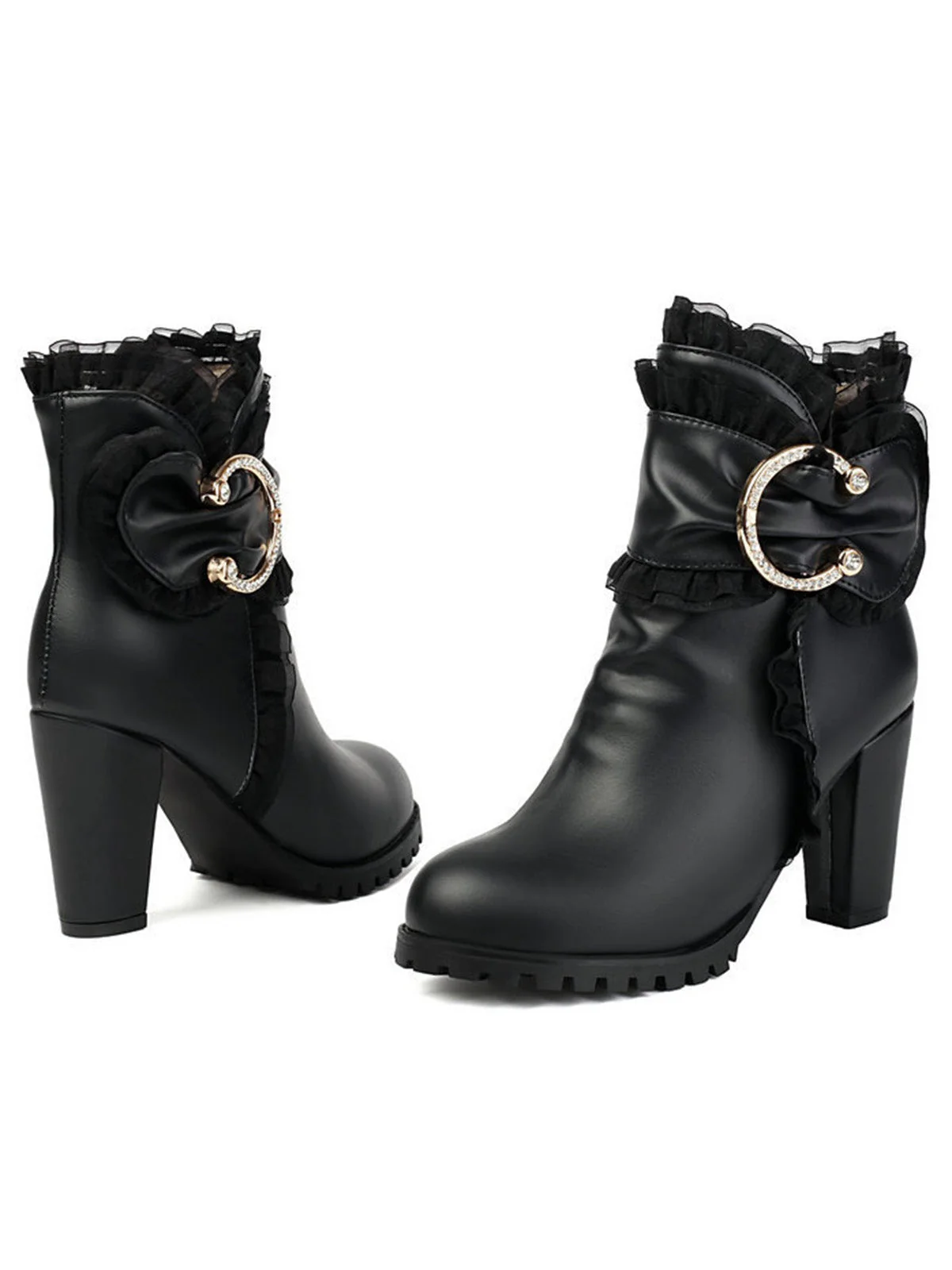 Beige PU Leder Spitze-Getrimmt Chunky Ferse Knöchel Stiefel - Image 4