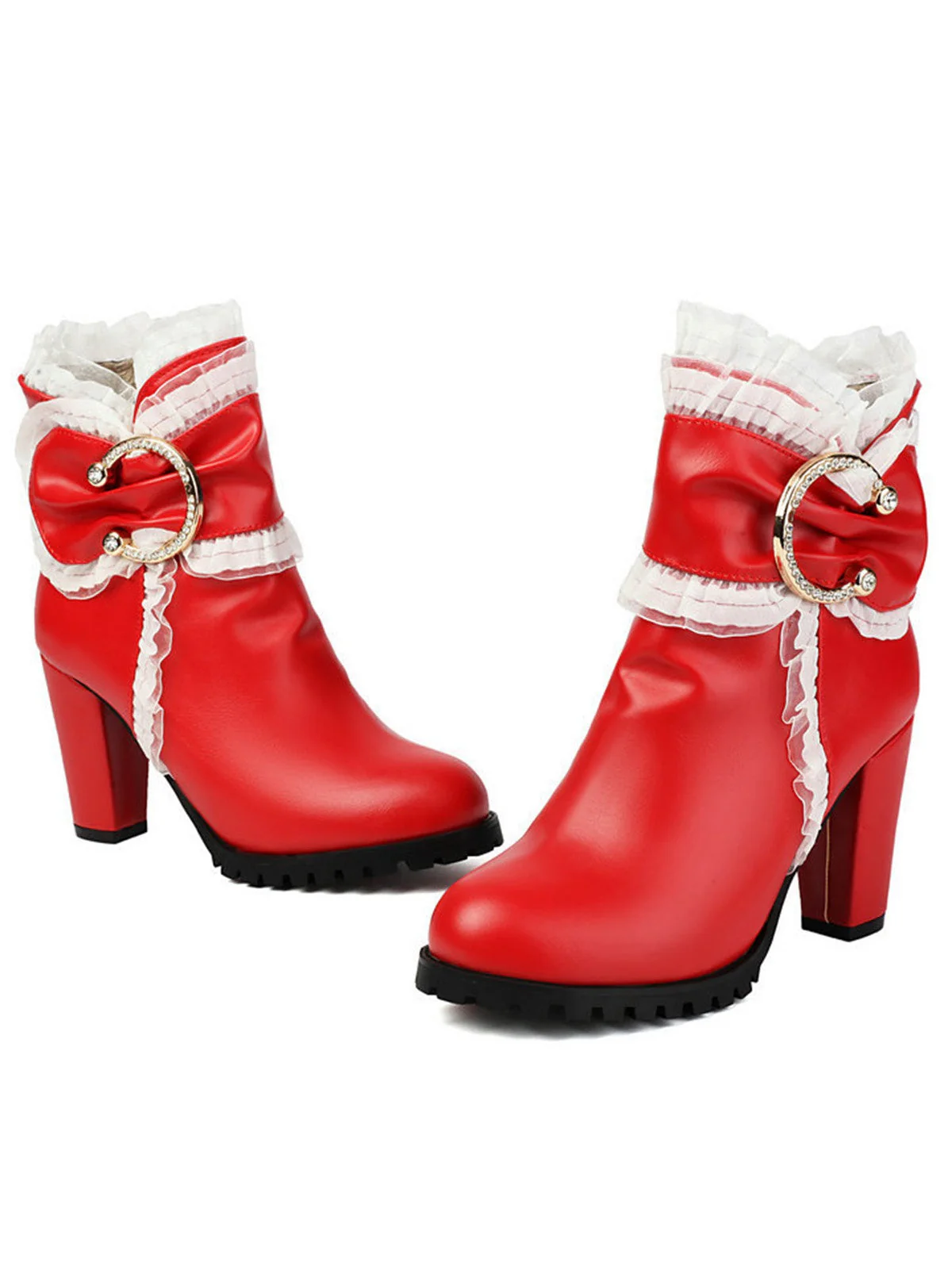 Beige PU Leder Spitze-Getrimmt Chunky Ferse Knöchel Stiefel - Image 8