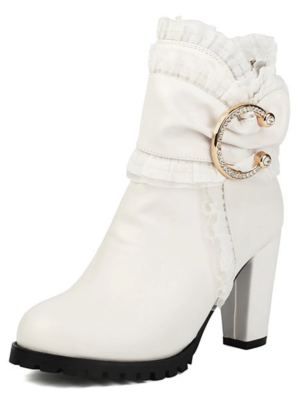 Beige PU Leder Spitze-Getrimmt Chunky Ferse Knöchel Stiefel - Image 9