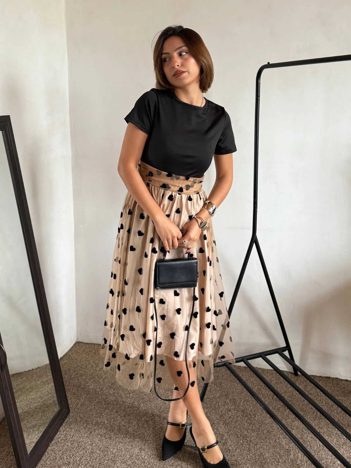 Beige & Schwarz 1950er Patchwork Polka Dots Swing Kleid