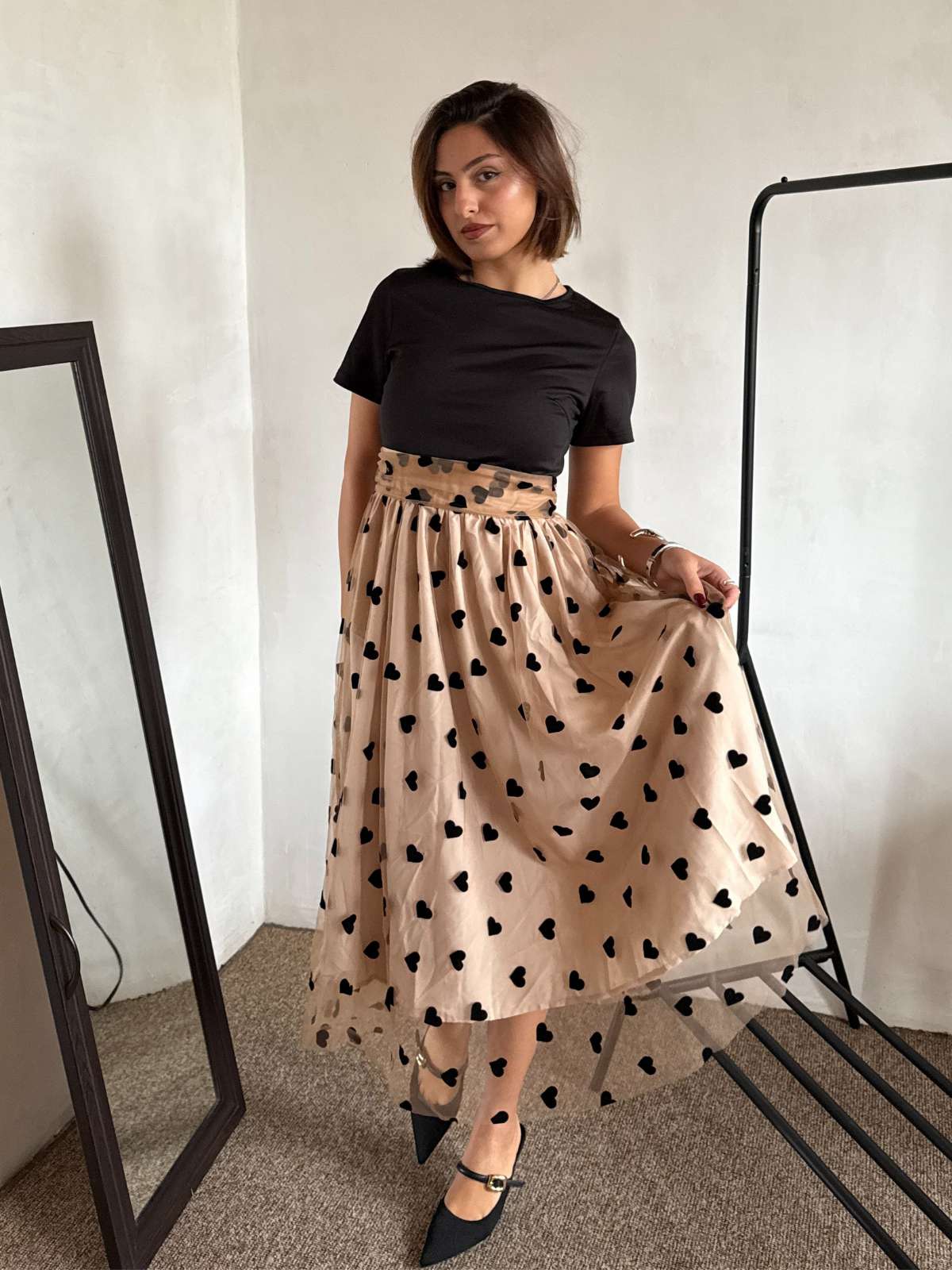 Beige & Schwarz 1950er Patchwork Polka Dots Swing Kleid - Image 2