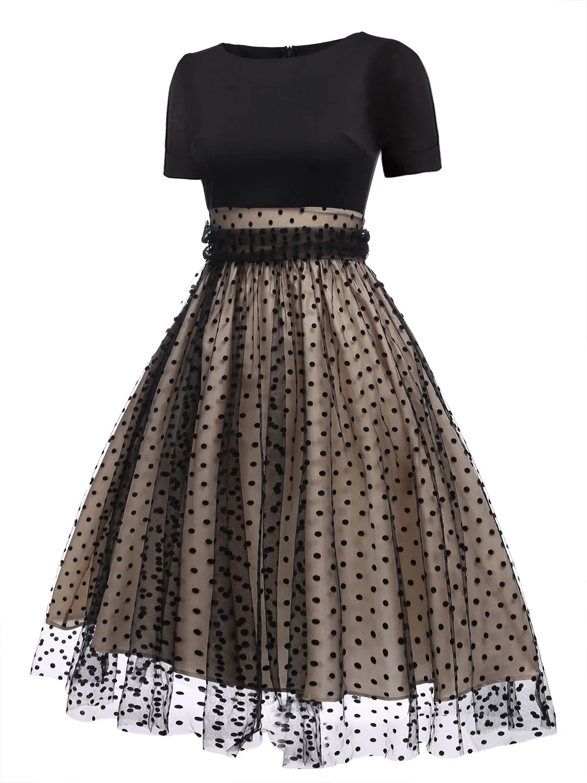 Beige & Schwarz 1950er Patchwork Polka Dots Swing Kleid - Image 12