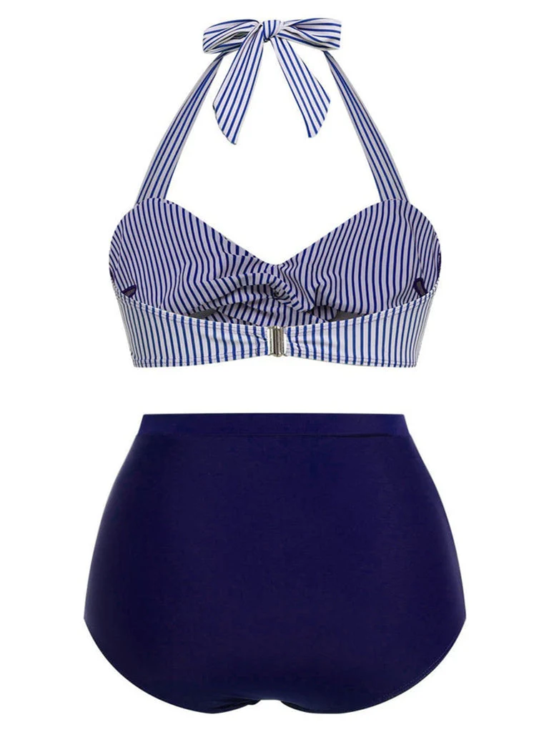 [Übergröße] Blau 1940er Streifen Halter Bogen Bikini Set - Image 2