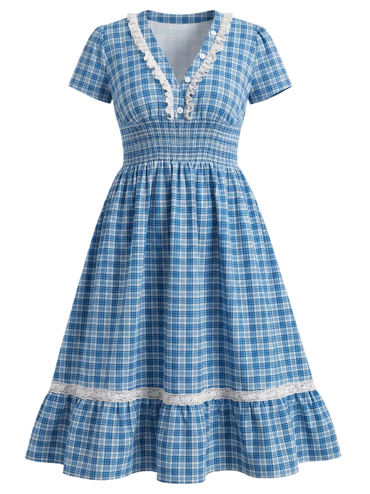 [Vorverkauf] [Übergröße] Blaues 40er Kariertes Kleid mit V-Ausschnitt und Spitze - Image 2