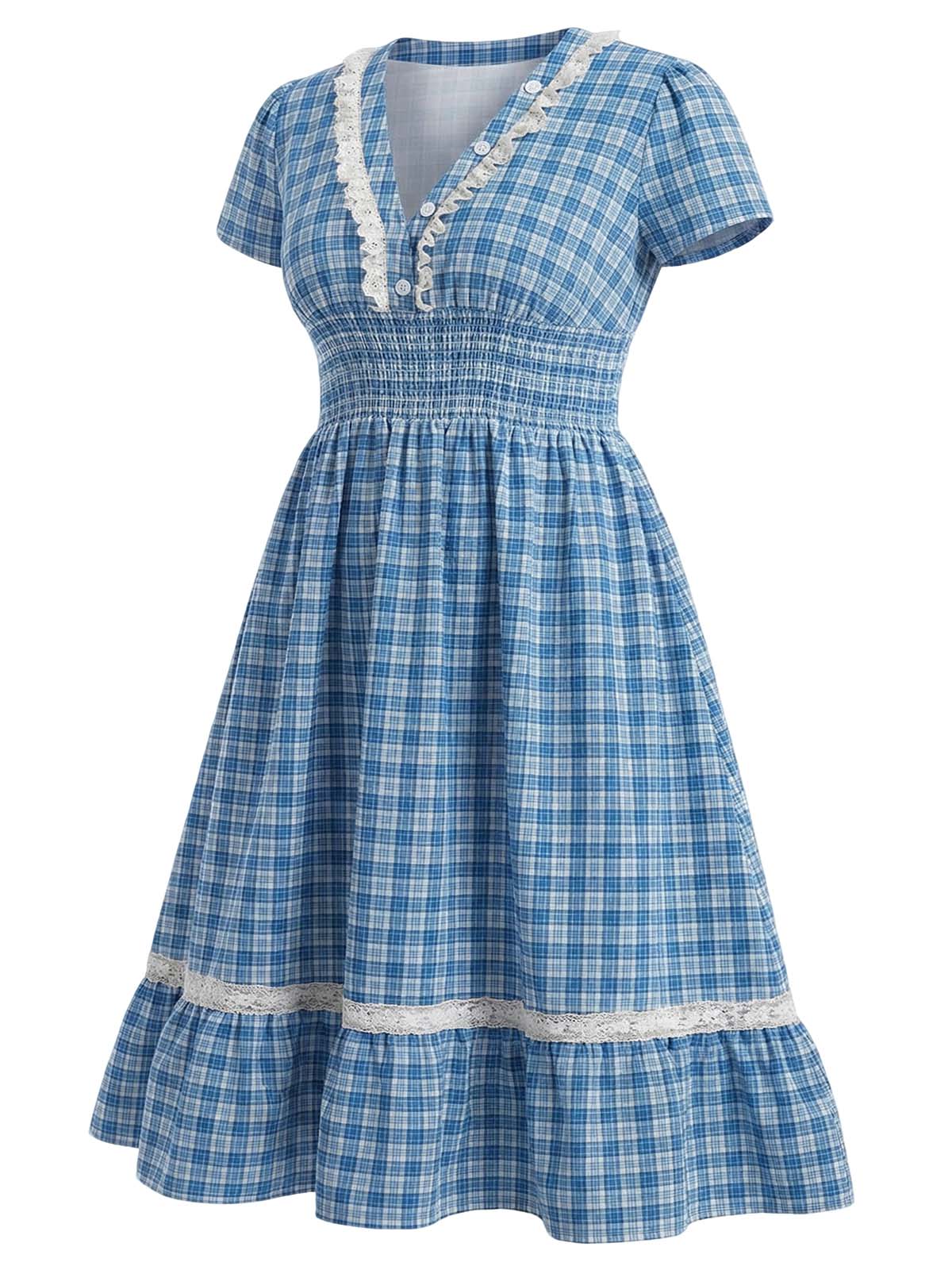 [Vorverkauf] [Übergröße] Blaues 40er Kariertes Kleid mit V-Ausschnitt und Spitze - Image 3