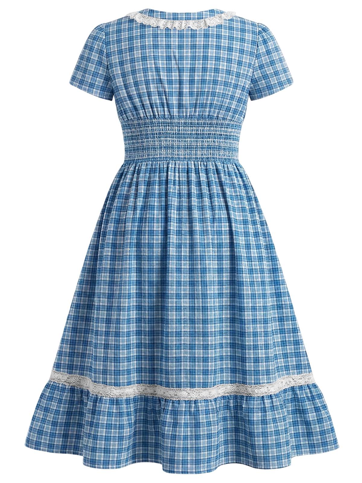 [Vorverkauf] [Übergröße] Blaues 40er Kariertes Kleid mit V-Ausschnitt und Spitze - Image 4