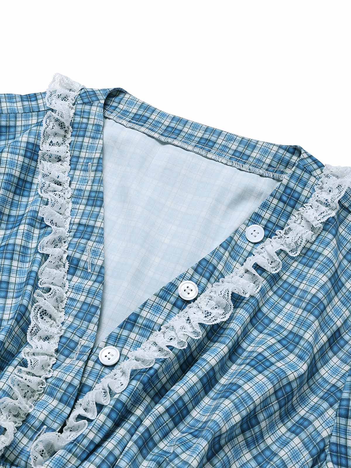 [Vorverkauf] [Übergröße] Blaues 40er Kariertes Kleid mit V-Ausschnitt und Spitze - Image 5