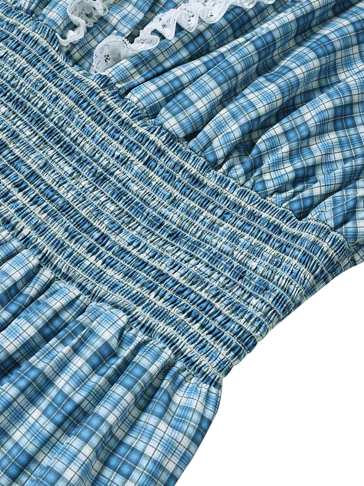 [Vorverkauf] [Übergröße] Blaues 40er Kariertes Kleid mit V-Ausschnitt und Spitze - Image 6