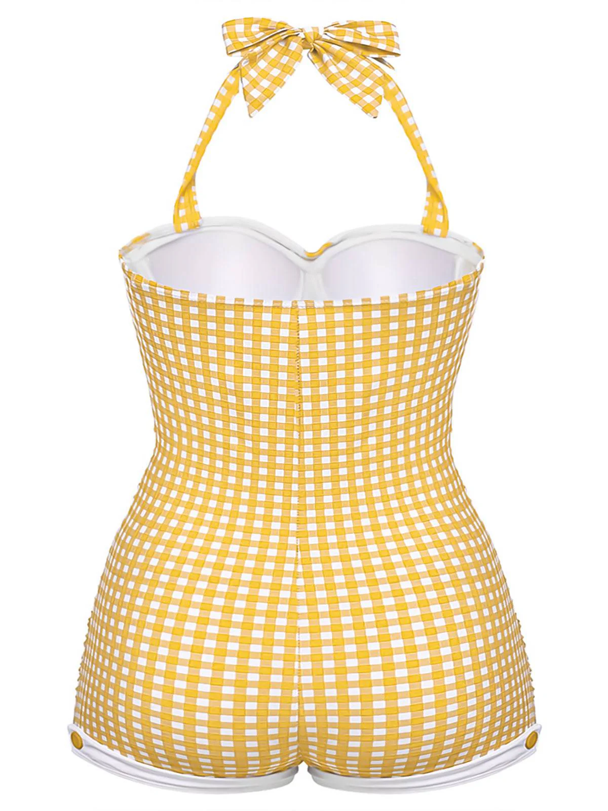[Übergröße] Gelb 1950er Plaid Halter Bowknot Einteiliger Badeanzug - Image 2