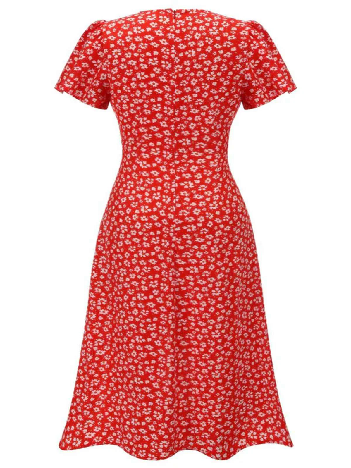 [Übergröße] Rot 1940er Blumen V-Ausschnitt Tasten Kleid - Image 2