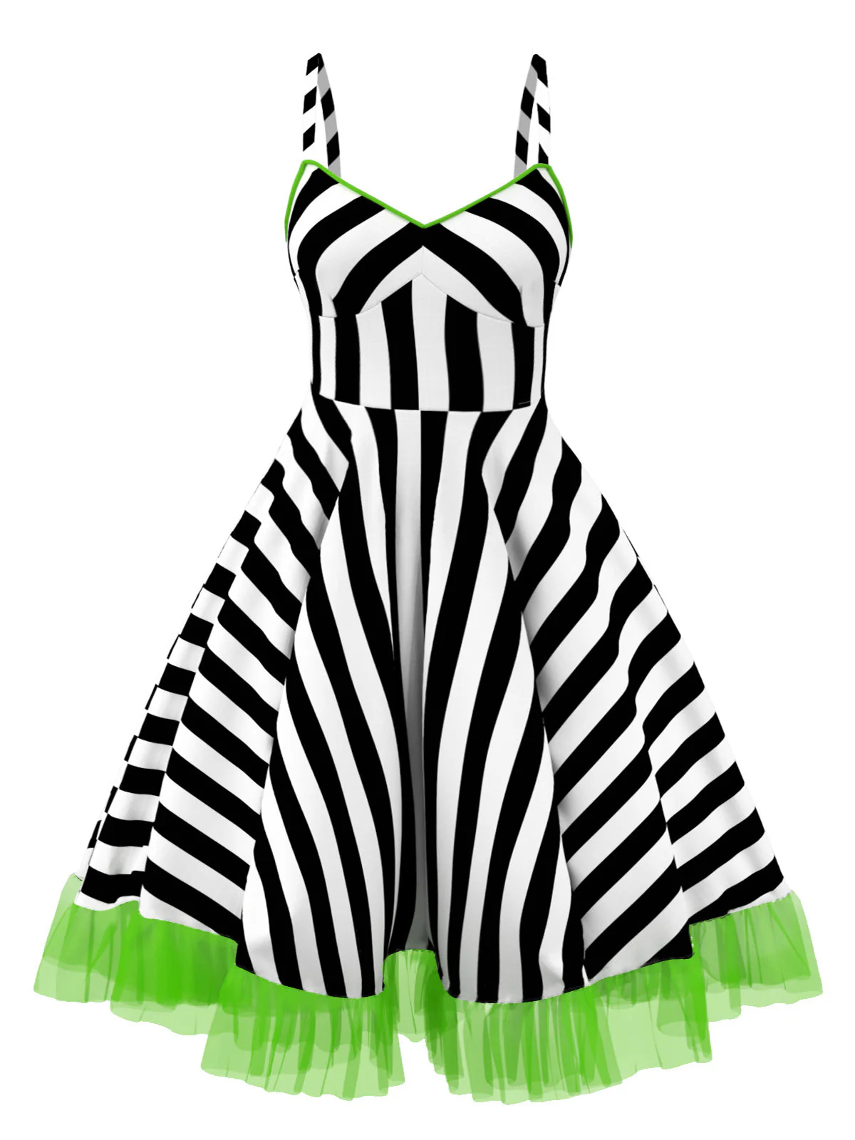 [Übergröße] Schwarz 1950er Beetlejuice Kostüm Streifen Fluoreszierend Spitze Kleid - Image 2