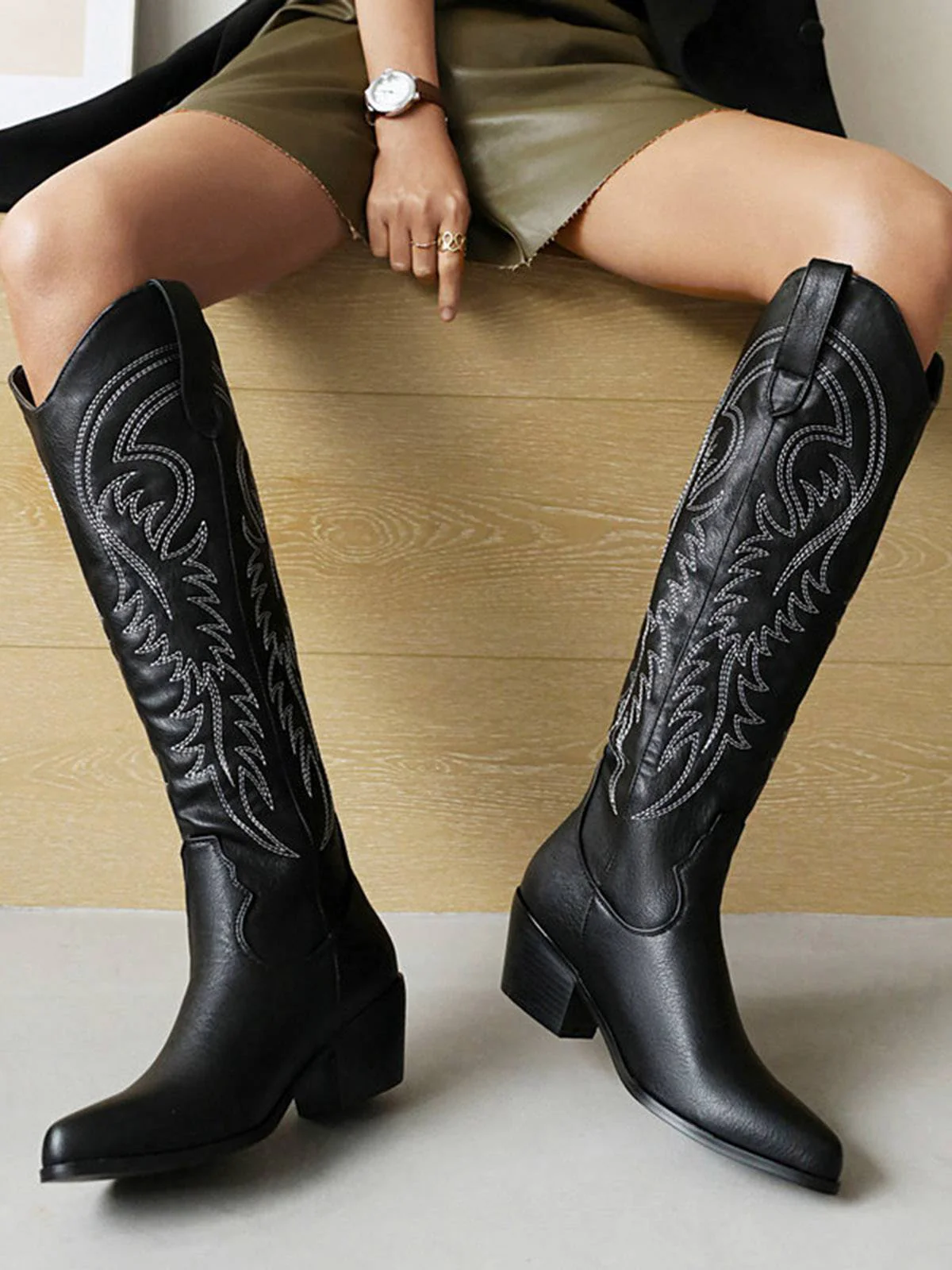 Bestickte Klobiger Absatz Cowboy Halbhohe Stiefel - Image 6