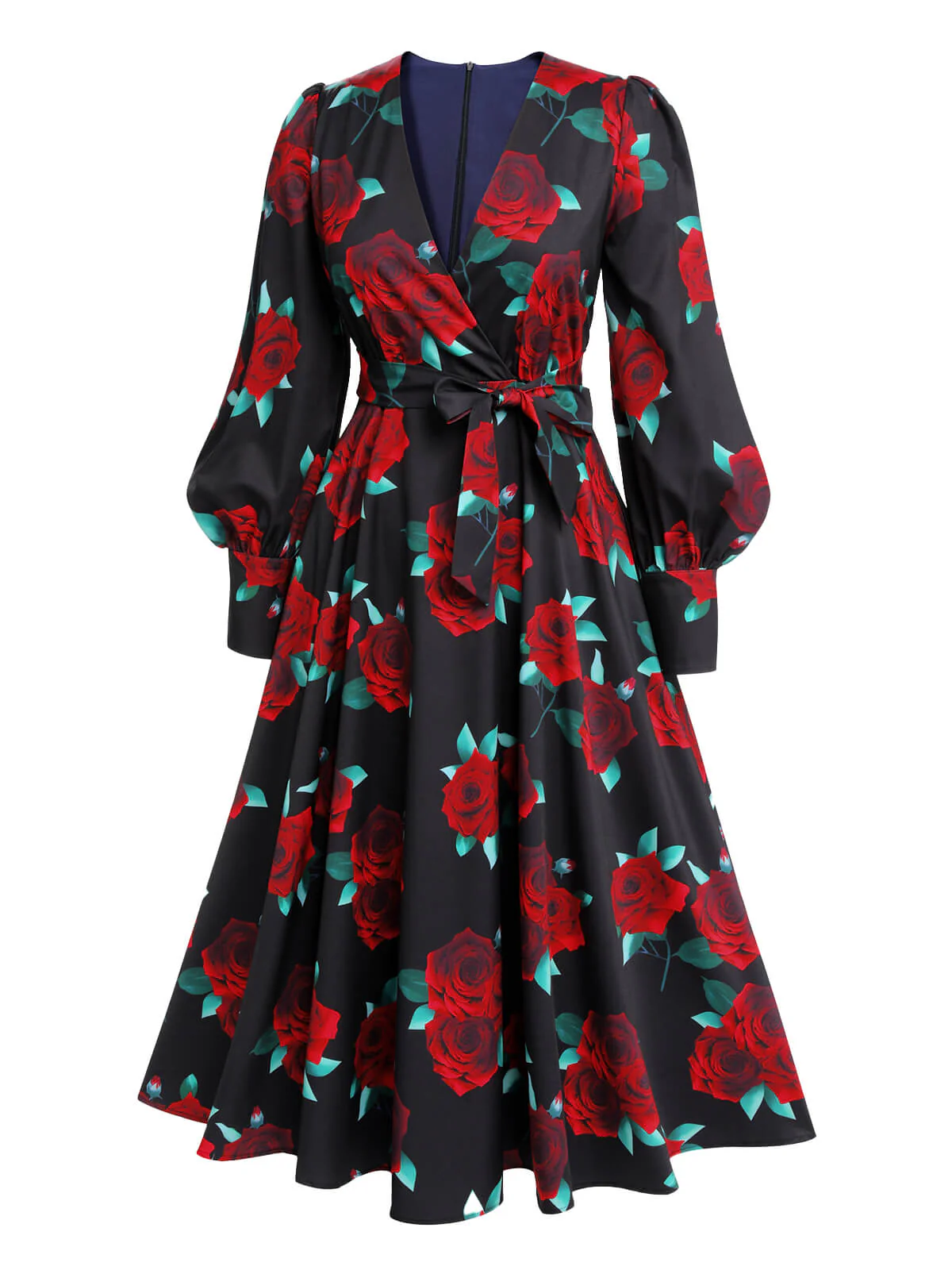 Schwarz 1940er Rosen Laternenärmel Schnürung Kleid - Image 4