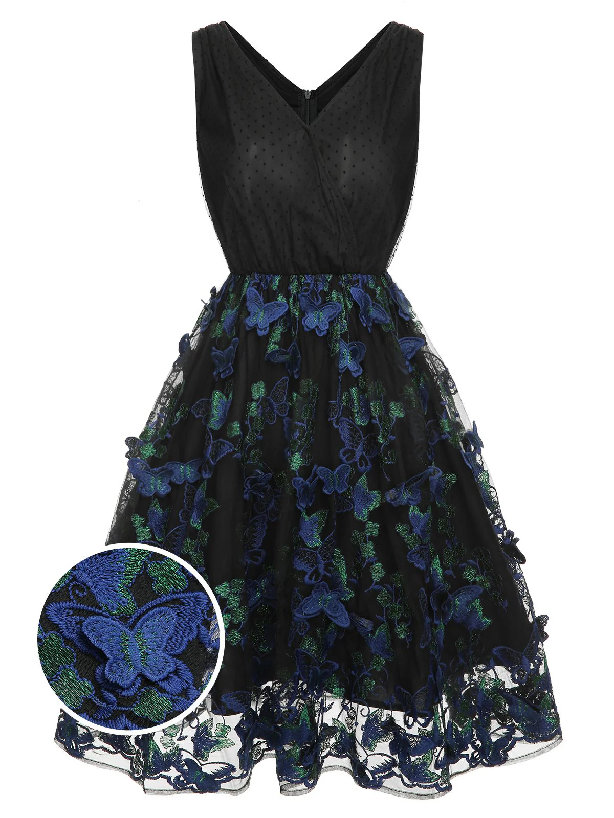 Schwarzes 1950er V-Ausschnitt 3D Schmetterling Mesh Kleid