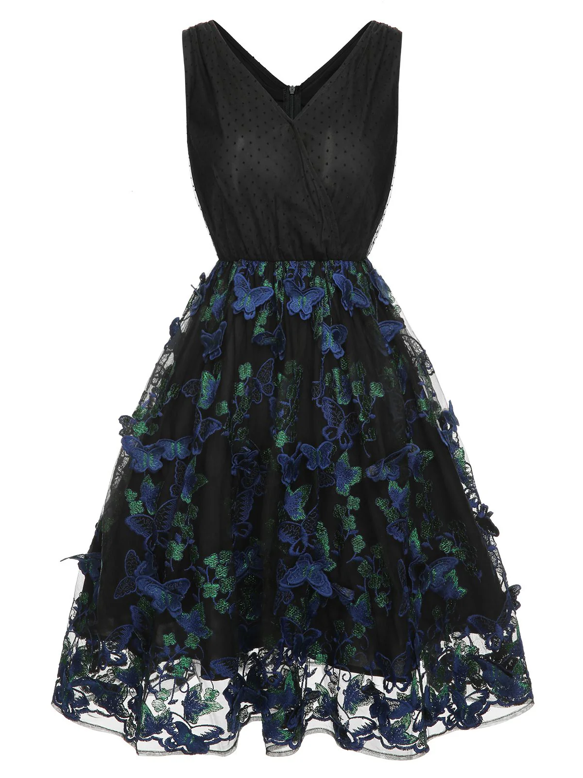 Schwarzes 1950er V-Ausschnitt 3D Schmetterling Mesh Kleid - Image 2