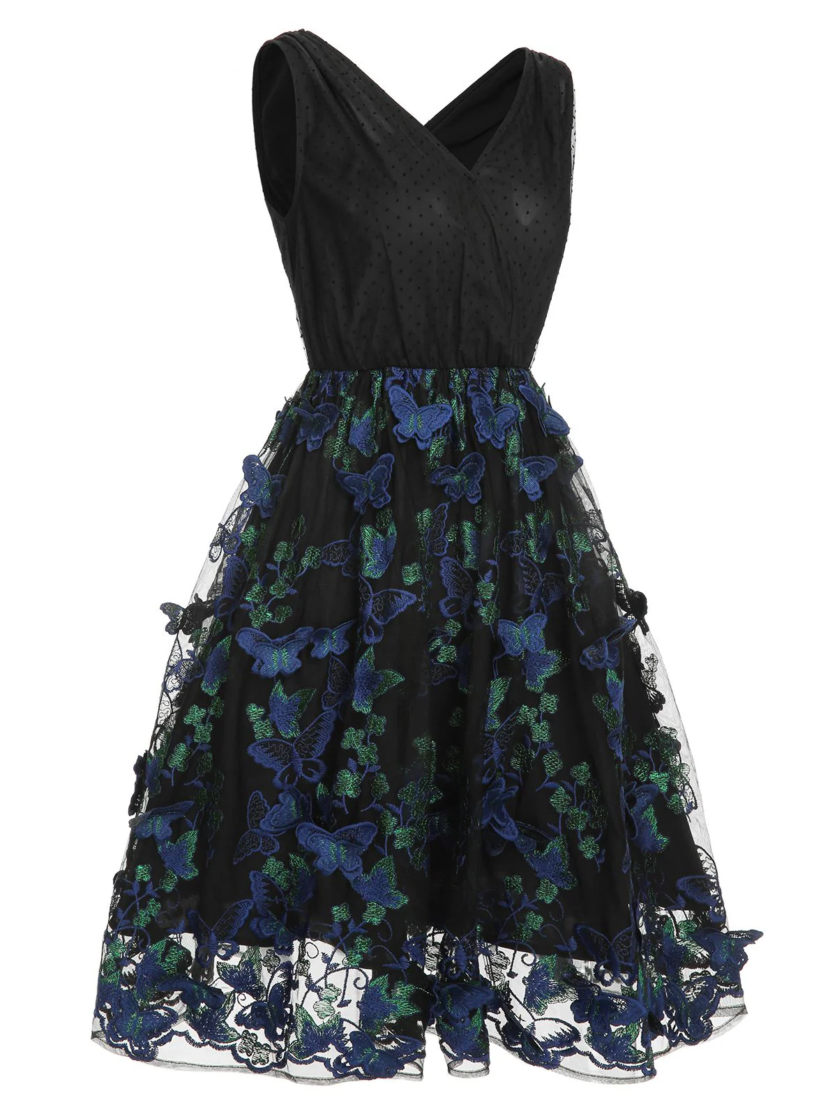 Schwarzes 1950er V-Ausschnitt 3D Schmetterling Mesh Kleid - Image 3