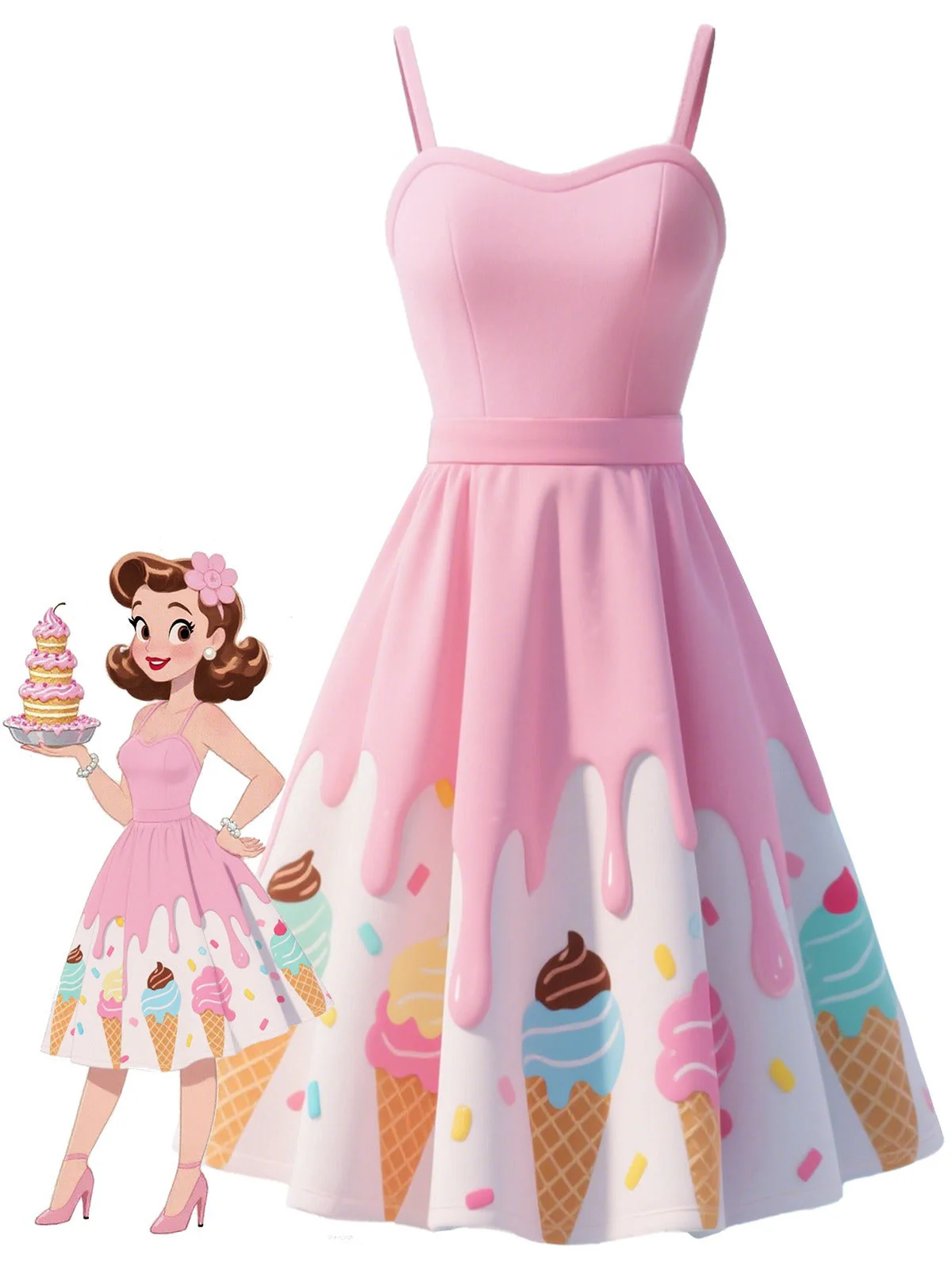 Blassrosa 1950er Eiscreme Herzförmiger Hals Kleid - Image 4