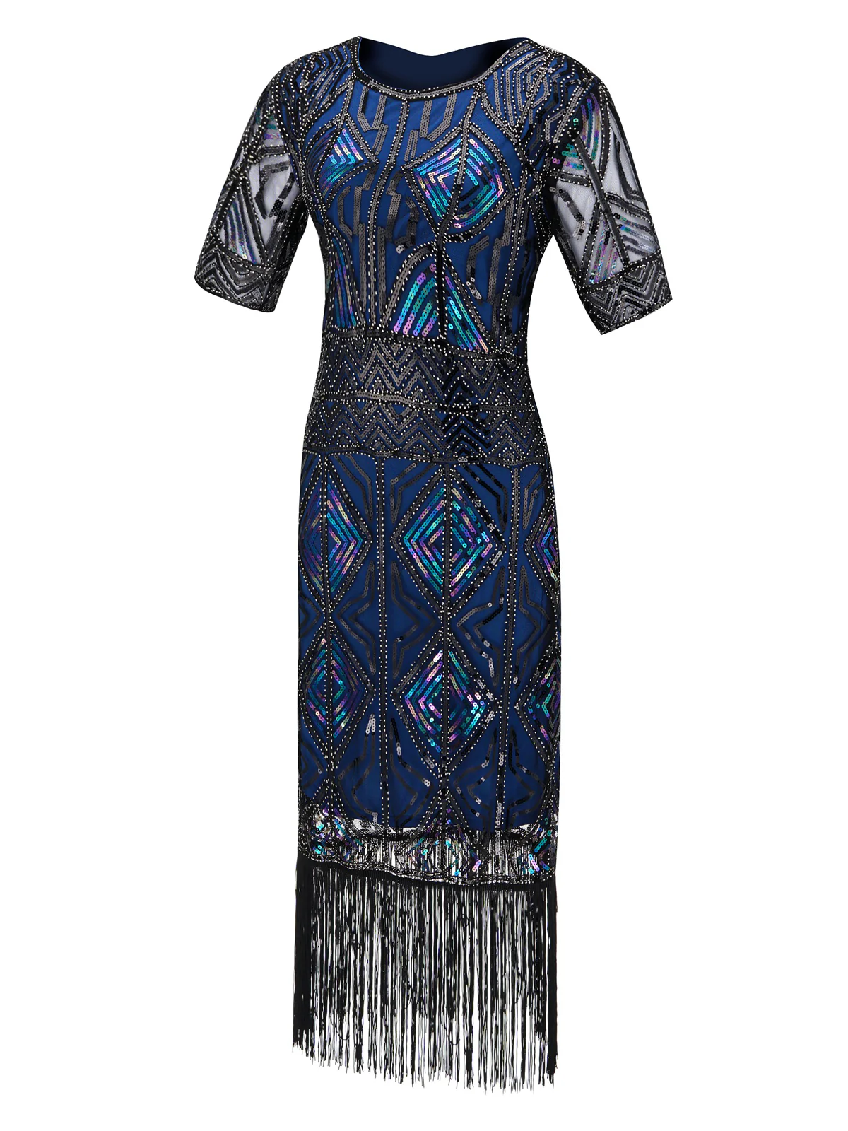 BLAU 1920ER HALBE ÄRMEL PAILLETTEN FRANSEN KLEID - Image 2