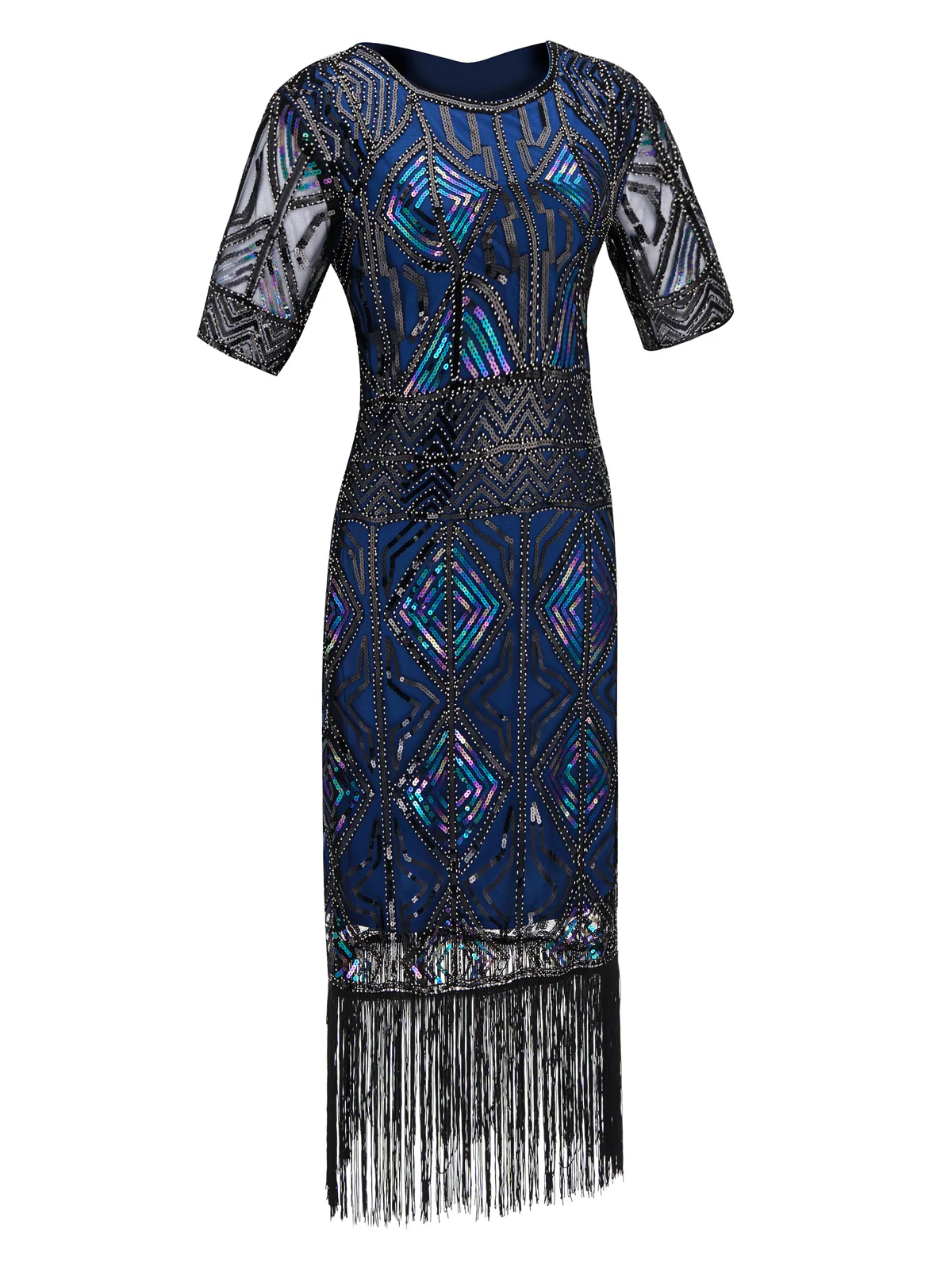 BLAU 1920ER HALBE ÄRMEL PAILLETTEN FRANSEN KLEID - Image 4