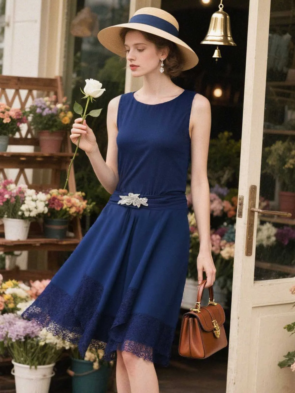 Blau 1920er Spitze Patchwork Strassstein Kleid - Image 2