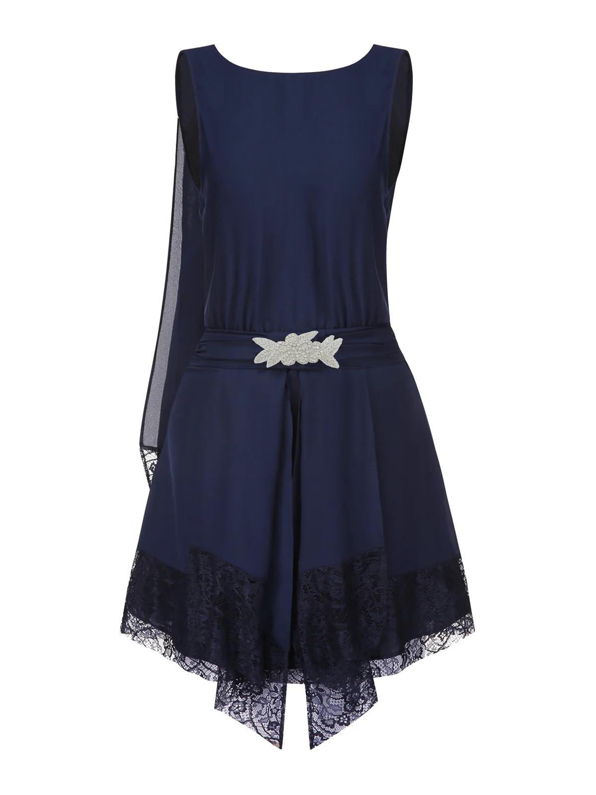 Blau 1920er Spitze Patchwork Strassstein Kleid - Image 3